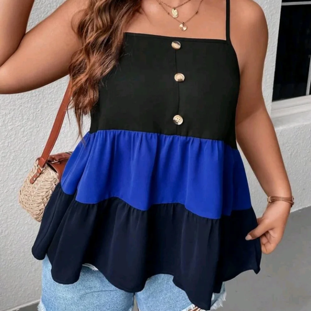 Colorblock Button Front Ruffle Hem Cami Top - Picture 3 of 5